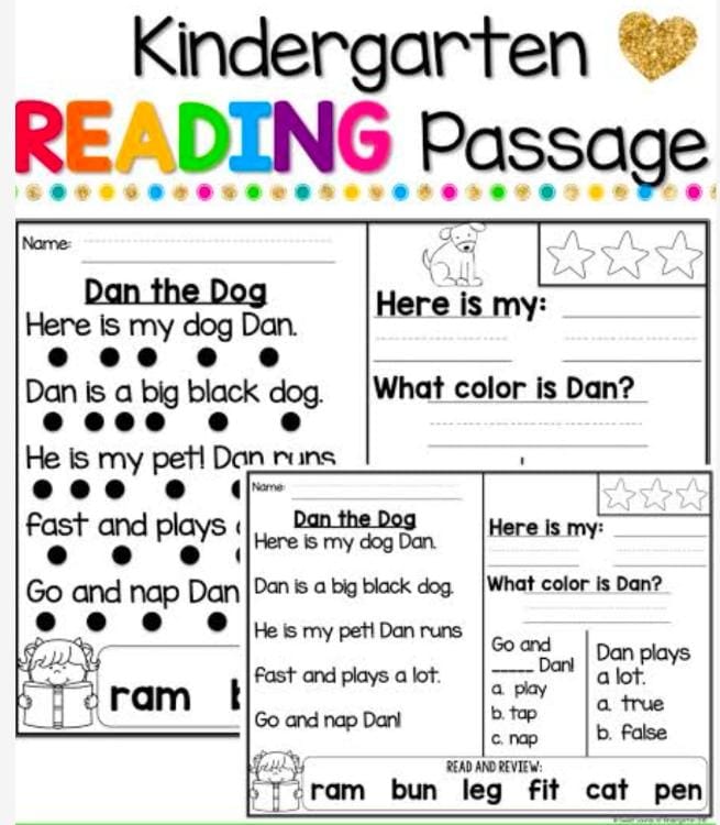 Kindergarten Worksheets easy passages